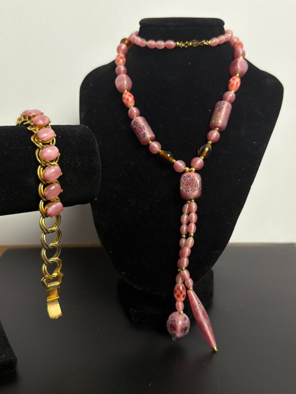 Vintage Artisan Pink Lampwork Glass Necklace & Cat Eye Bracelet Jewelry Lot